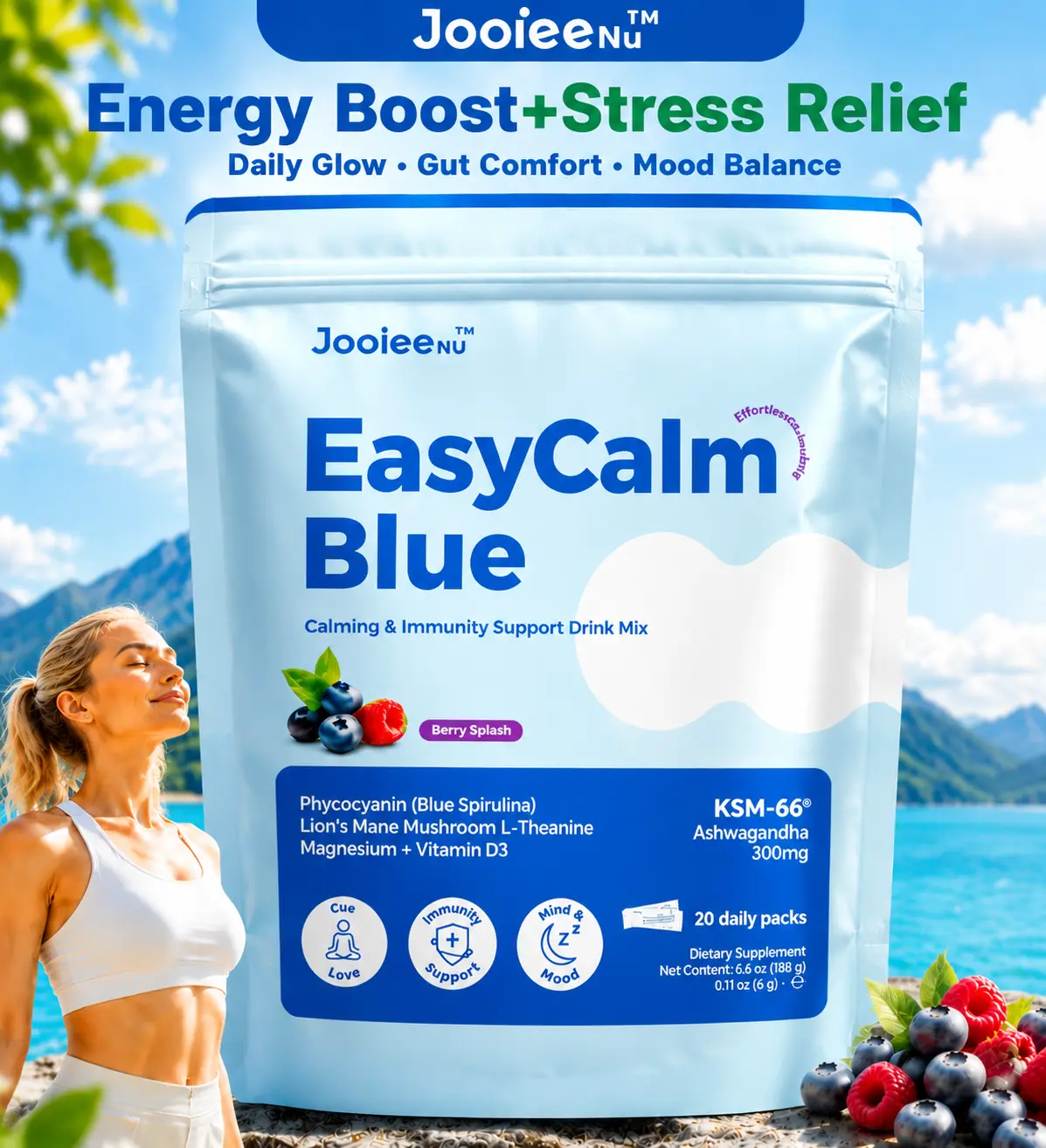 Jooiee Easyblue-Detox, Gut balance, Reduce bloat| Key Ingredients:Blue spirulina,KSM66 awagandha, Magenesium| 20 Servers | Supports Immune System & Metabolism Adaptogenic Healthcare