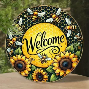 Vintage Aluminum Welcome Wreath Wall Sign Decorative Plaque 8x8 Inch Rustic Farmhouse Decor for Indoor Outdoor Garden Home Entryway