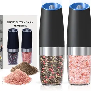 Gravity Electric Salt & Pepper Mill Set with LED Light Automatic Electric Gravity Salt And Pepper Shakers Set Each 6 AAA Batteries Needed Adjustable Roughness 2 Pack Black