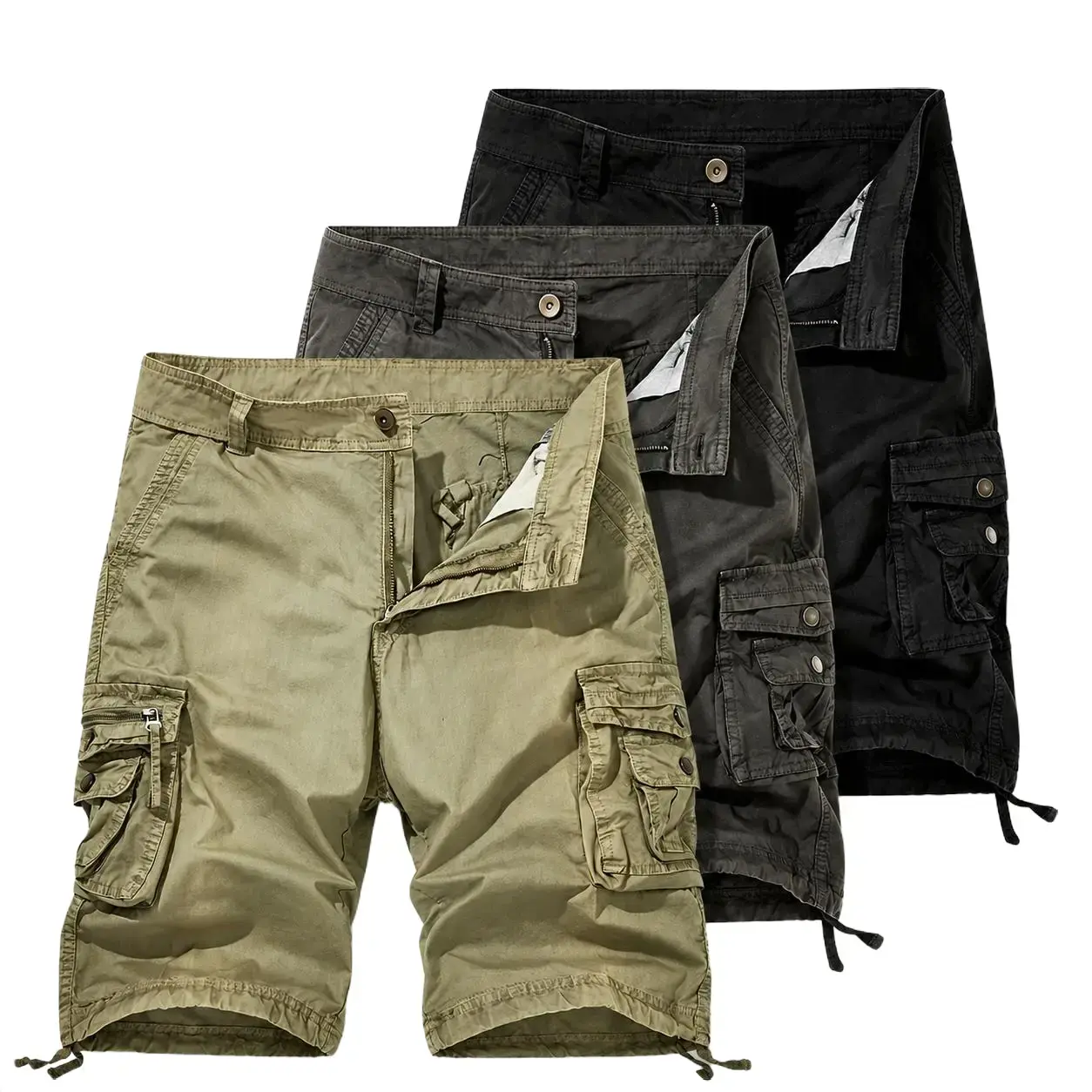 Men's Large-Size Cotton Cargo Shorts - Mid Waist, Mid Thigh Length, Retro Chic, Baggy Loose-Fit, Cotton Boxy, Multi-Pocket, Zipper Hem, Breathable, Casual Sporty Menswear Bottoms, Halloween, Christmas