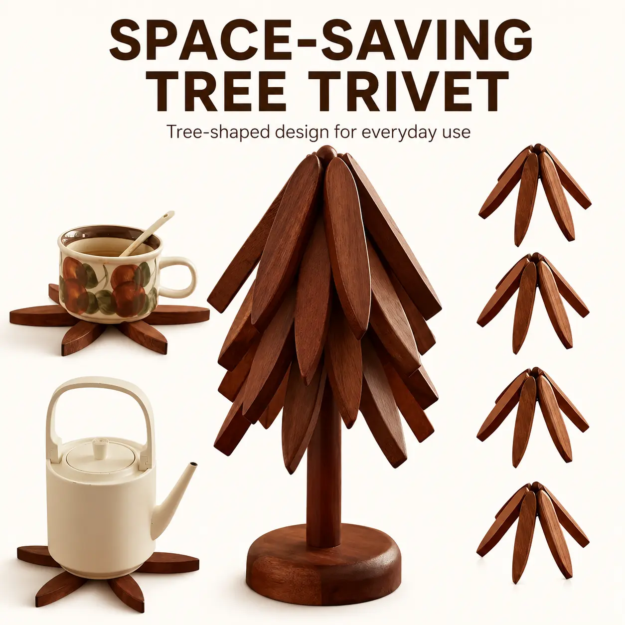 Tree-Shape Heat-Resistant 4-Piece Wooden Trivet & Decorative Coaster Set with Foldable Stand, Festive Home Decor for Hot Pots, Hot Dish Coasters