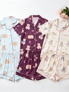3 Sets 6 Pieces Bear Bow Print Ice Silk Pajama Set, Sweet Girl Style, Short Sleeve Cardigan + Shorts, Summer Breathable Comfortable Home Wear Loungewear Nightwear Pjs Homewear Aesthetic Everyday