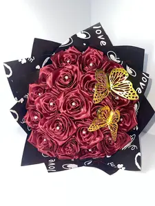 Handmade Eternal Satin Rose Bouquet - Burgundy with Gold Butterflies (18-rose)