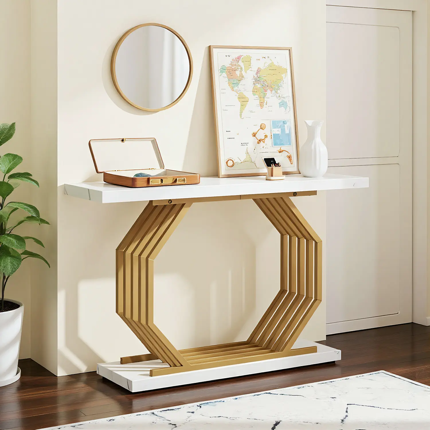 Spaco 40-Inch Gold Faux Marble Console Table, Narrow Modern Accent Piece with Geometric Metal Base, Entryway Table for Living Room, Console Table Entryway