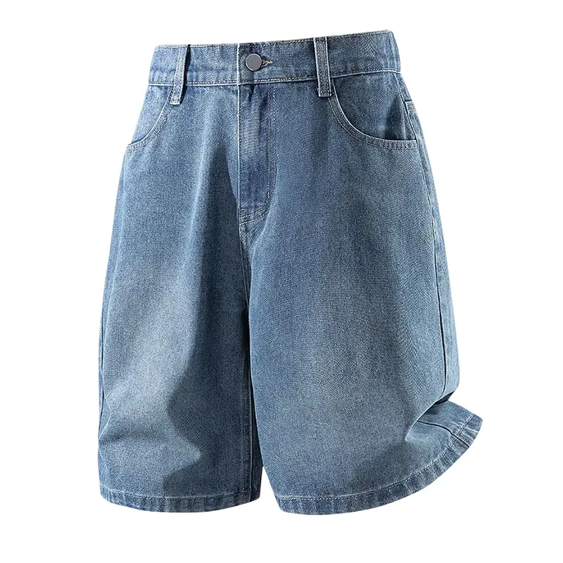 Men's Classic Washed Denim Bermuda Shorts, Button Zip Fly Standard Waistband Side Slant Pockets Faded Soft Denim Fabric Straight Knee Length Bottoms For Summer Daily Street Casual Outdoor Leisure Activities # SummerWins