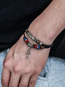 Boho Style Cross Charm Beaded Decor Multilayer Bracelet, Vintage Drawstring Bracelet for Men & Women, Fashion Jewelry for Party, Trendy All-match & Exquisite Jewelry for Gift