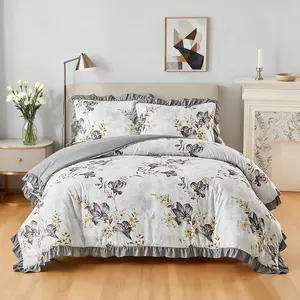 Floral print grey ruffle duvet cover set (2/3pc), Decorative duvet cover, Bedroom bedding set, soft comfortable washable polyester, pillowcase set, romantic modern bedroom essential, hotel quality, suitable as a gift