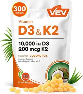 Vitamin D3 K2 10000 IU, 300 Virgin Coconut Oil Softgels, 2 in 1 Vitamins Supplement D & K