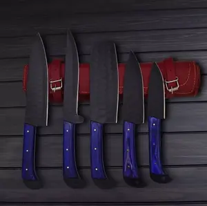 Handmade Chef knife Set, Kitchen Knives, Black Knives, Blue Knives, Meat Cleaver, Paring Knife, Bread Knife, Sharp Knife, Kitchen Knife Set, Carbon Steel. 2432