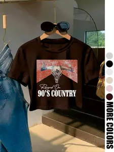 Women's "90's Country" Animal Print Round Neck Crop Tee, Vintage Trendy Casual Short Sleeve T-shirt for Daily Wear, Ladies Summer, Top, Womenswear