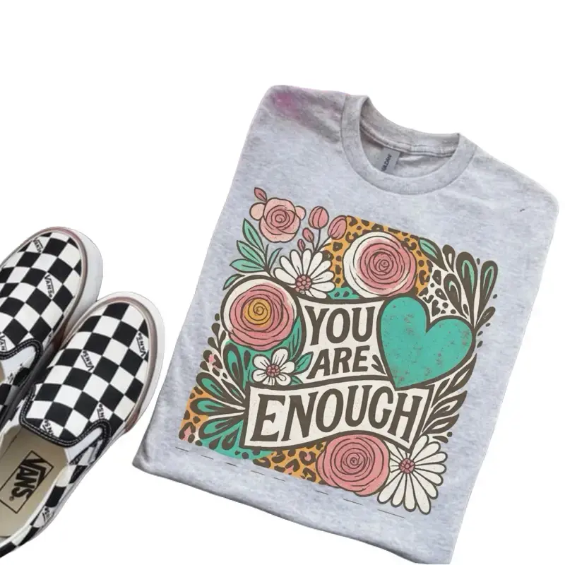 You Are Enough Flower Leopard Ash Grey T-Shirt - Bleached - Gildan - Unisex