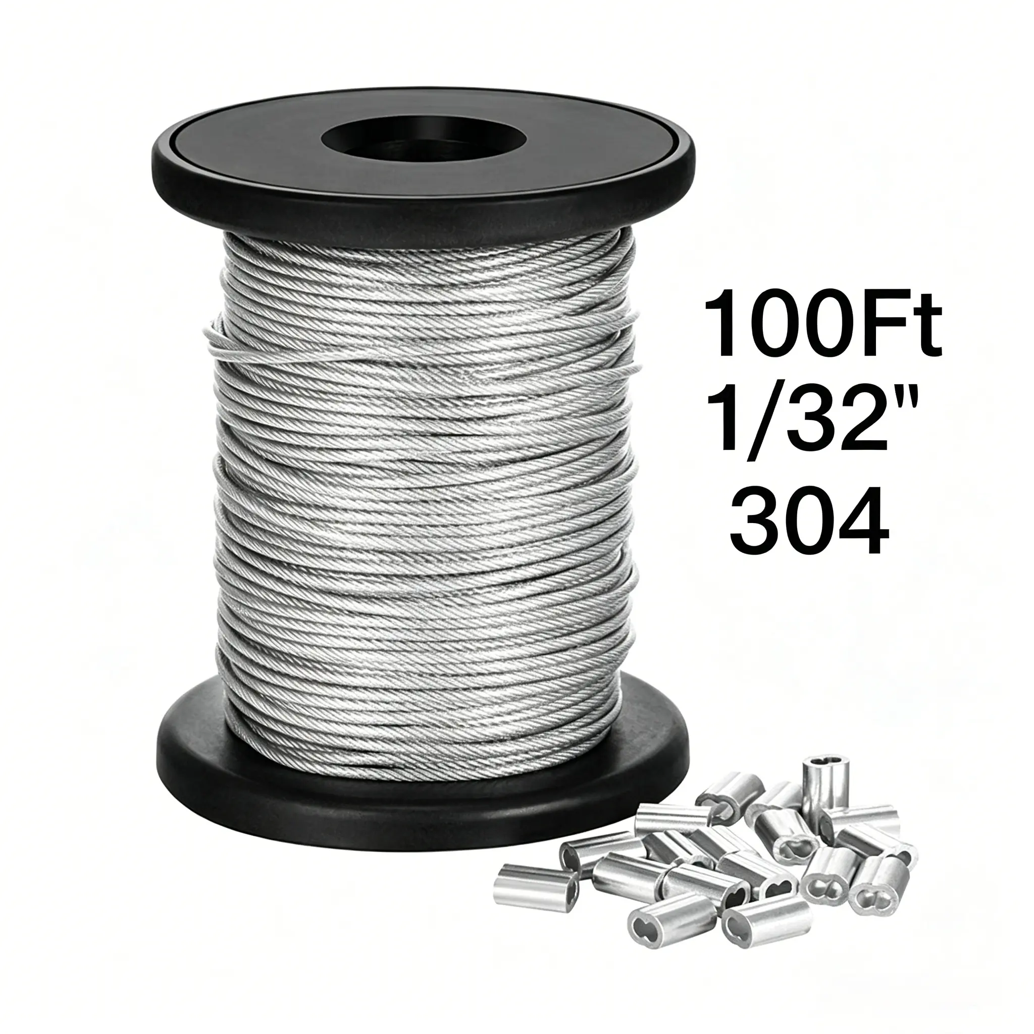 304 Stainless Steel Wire Rope, 100FT 1/32IN Cable with 20Pcs Aluminum Sleeves Stops, for String Lights Hanging, Clotheslines, Trellis Installation