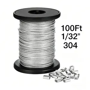 304 Stainless Steel Wire Rope, 100FT 1/32IN Cable with 20Pcs Aluminum Sleeves Stops, for String Lights Hanging, Clotheslines, Trellis Installation