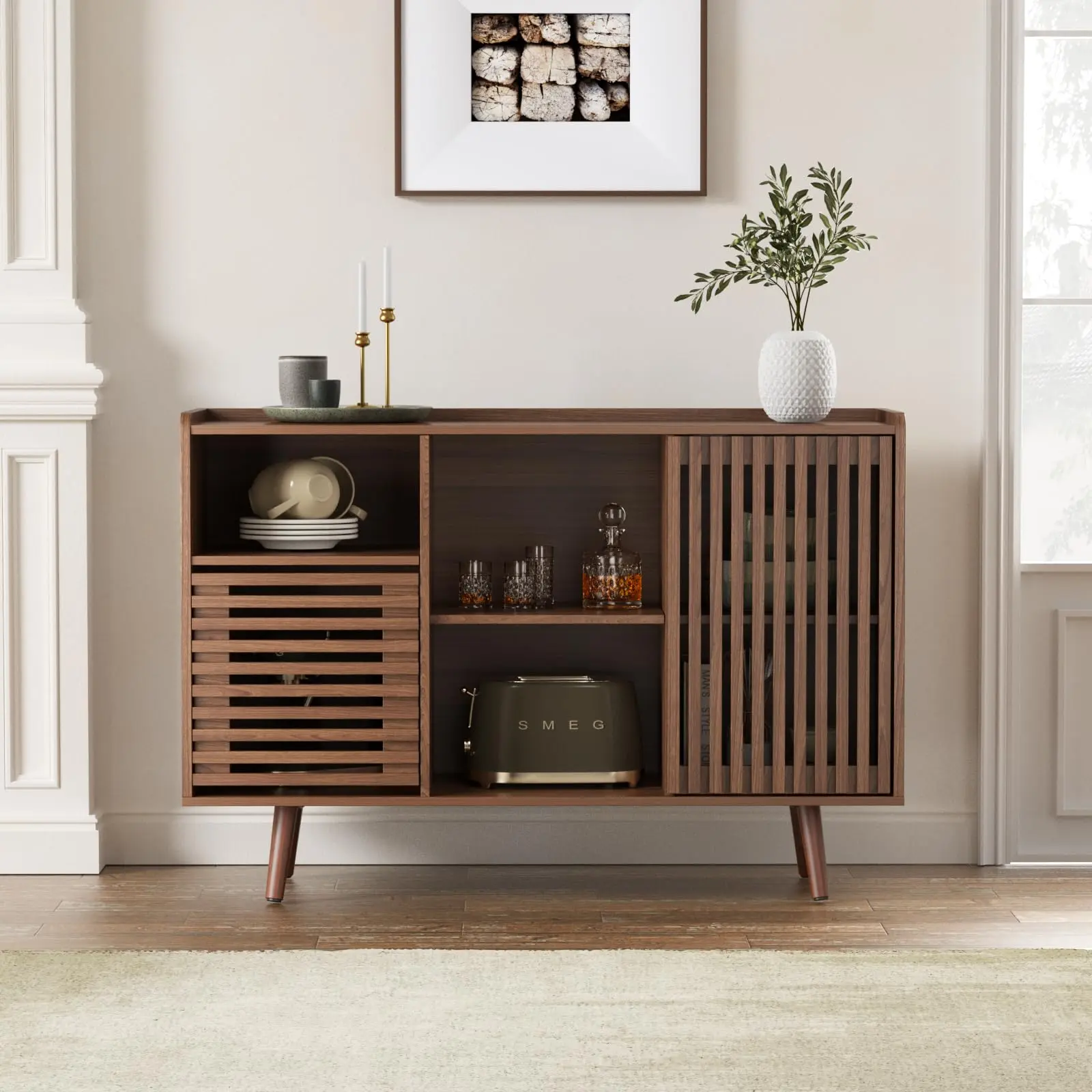 [Summergarden] Vabches Storage Cabinet, 47.2" Buffet Cabinet with Storage, Mid-Centery Sideboard Coffee Bar Cabinet with Silding Door for Living/Dining Room, Kitchen, Hallway