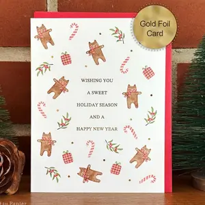 Gingerbread Cats Christmas Card, Handmade gold foiled holiday cards