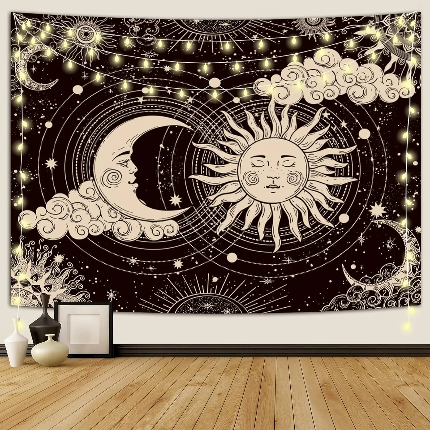 Wonrizon Sun and Moon Tapestry, Aesthetic Black Dark Spiritual Tapestries Mystic Burning Sun with Clouds Star Wall Hanging decor for Bedroom, , Gothic Wiccan Room Decor for Witchy Vibes