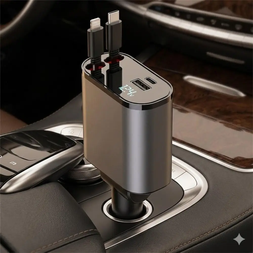 Smart Retractable Car Cigarette Lighter Charger with Dual Type-C PD Fast Charging, Multifunctional Charger, 4-Port USB Hub with Overvoltage Protection, Universal Adjustable Mount for Cars Trucks SUVs, Multi-Device Quick Charge Accessory