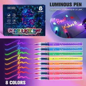 8-Color UV Glow Face & Body Paint Pens Ultra Bright Neon Glow Under Blacklight Fast-Drying Waterproof Smudge-Proof for Party Rave Club Makeup DIY Craft Cosplay Props