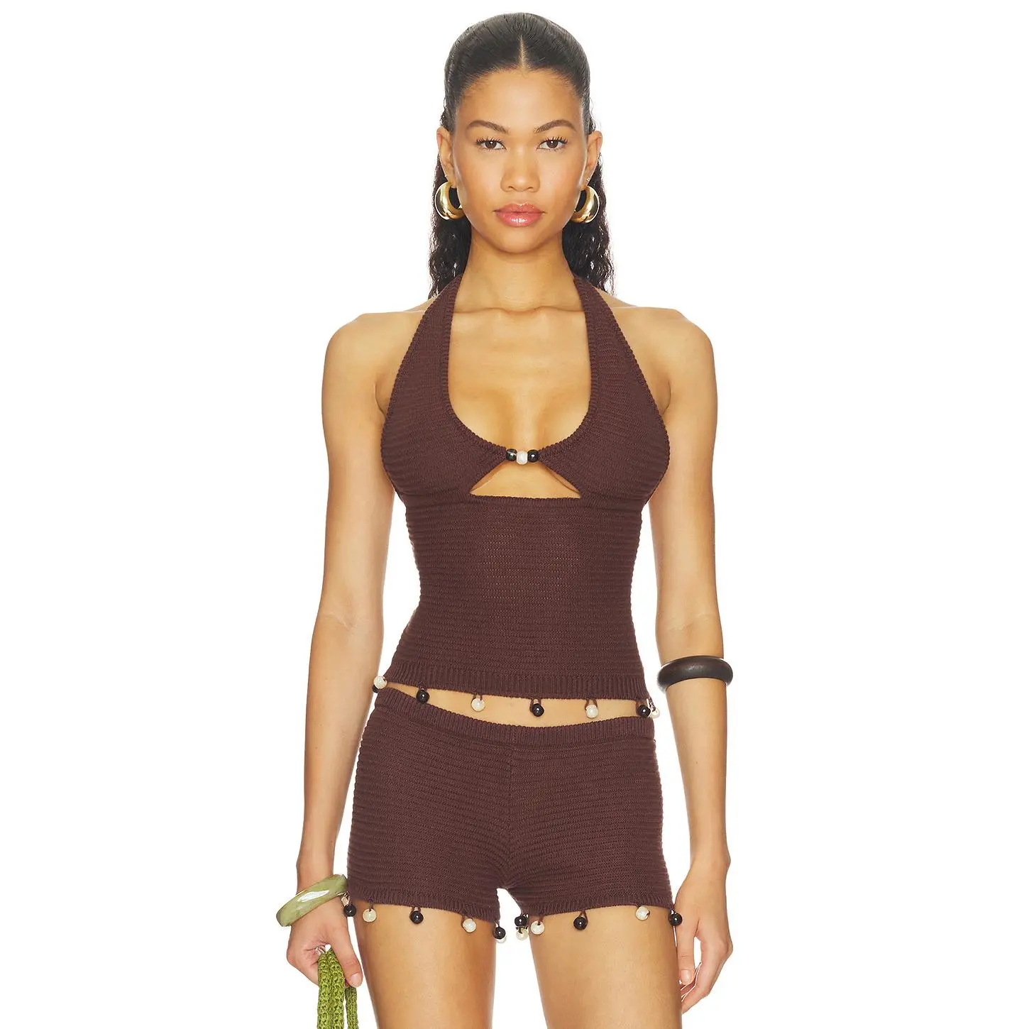 Lady's Runaway The Label Bailee Beaded Sleeveless Snug Ribbed Fabric Deep-V 1-Shoulder Halter Neck Tie Knit Top - Cocoa Style, Cold Wash Women's Tanks & Camis