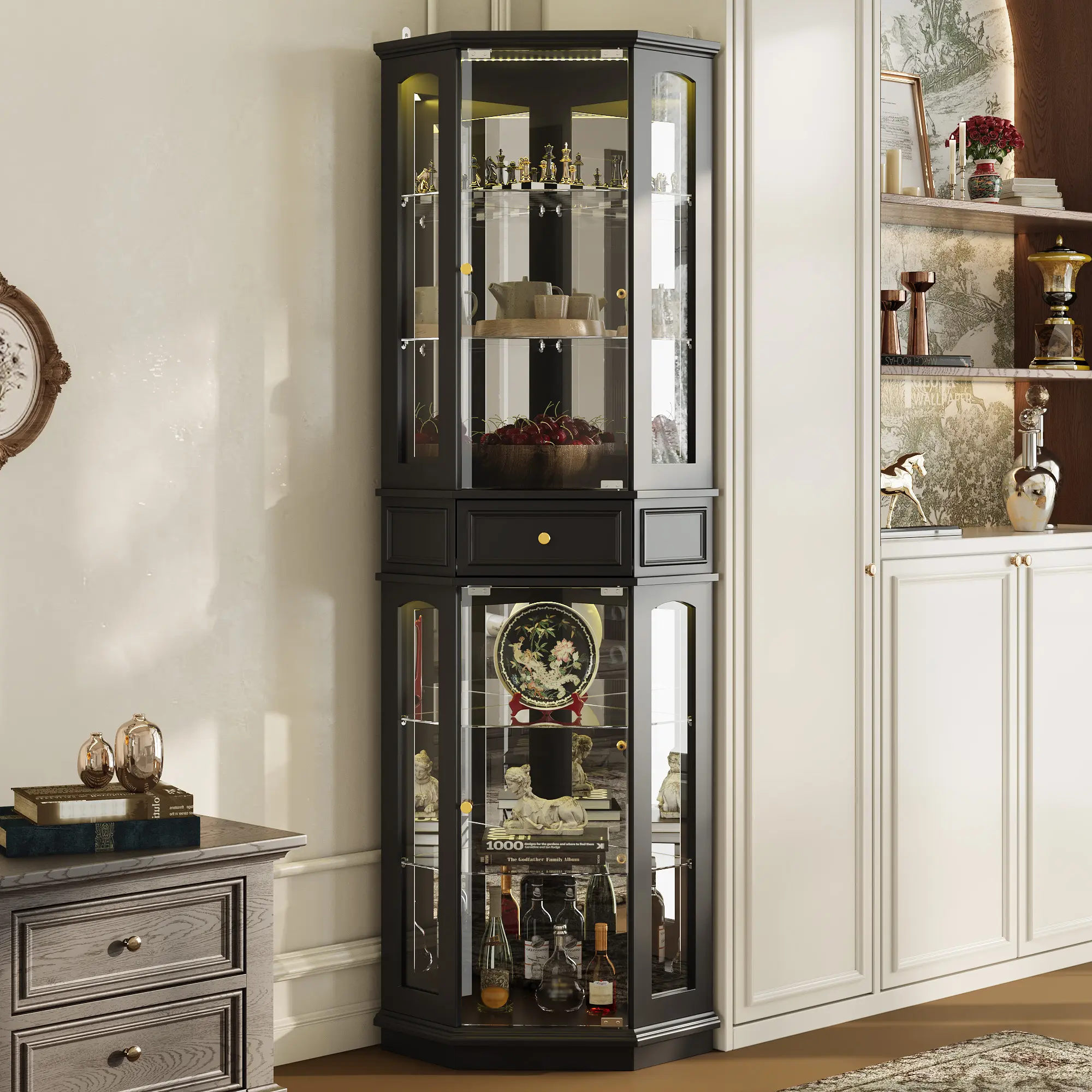 FUFU&GAGA Lighted 3-Side Glass Curio Display Cabinet with Tempered Glass Doors & Shelves, Curved Wooden Corner Cabinet with Lights, Bar Liquor Storage Rack - Ashfield Black