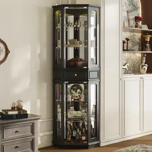FUFU&GAGA Lighted 3-Side Glass Curio Display Cabinet with Tempered Glass Doors & Shelves, Curved Wooden Corner Cabinet with Lights, Bar Liquor Storage Rack - Ashfield Black