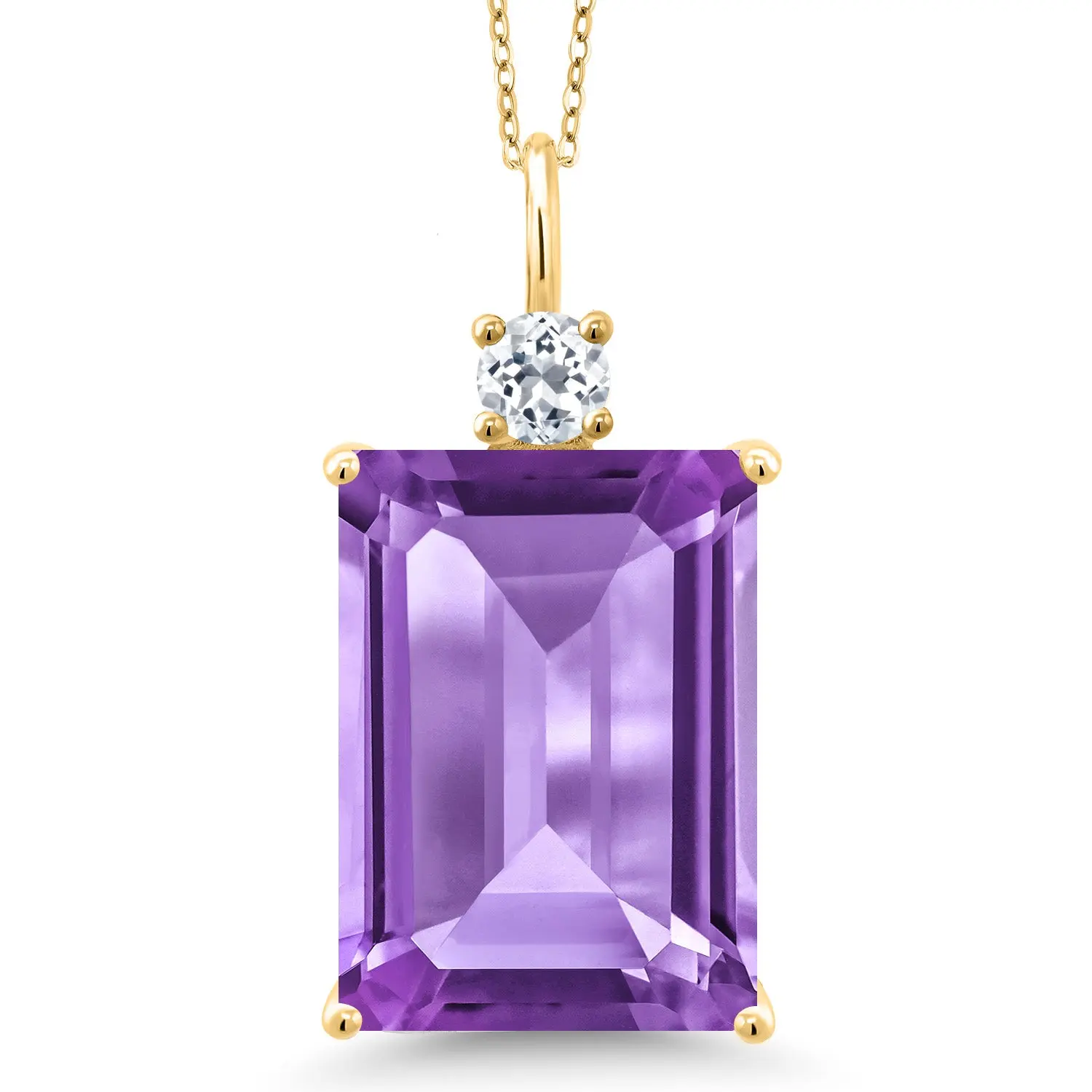 18K Yellow Gold Plated Silver Gemstone Birthstone and White Topaz Pendant Necklace for Women | Emerald Cut 18X13MM and Round 4MM | With 18 Inch Chain | Fine Jewelry for Her Mom Wife