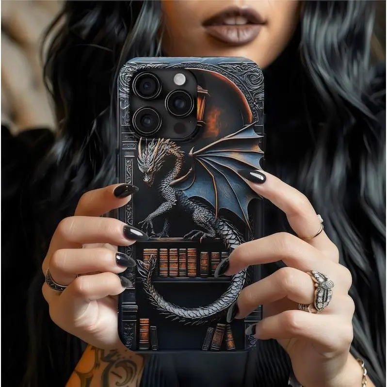 Black Bookish Dragon Shockproof Rubber Phone Case - Fantasy Bookshelf Design Mobile Accessory for iPhone 12-17, Samsung Galaxy S21-S25 (Offers Device Protection)