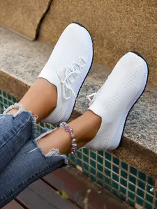 Women's Flyknit Mesh Sneakers, Lace-Up Slip-On Style, Macaron Fresh Look, Breathable Lightweight Cushioned Running Shoes