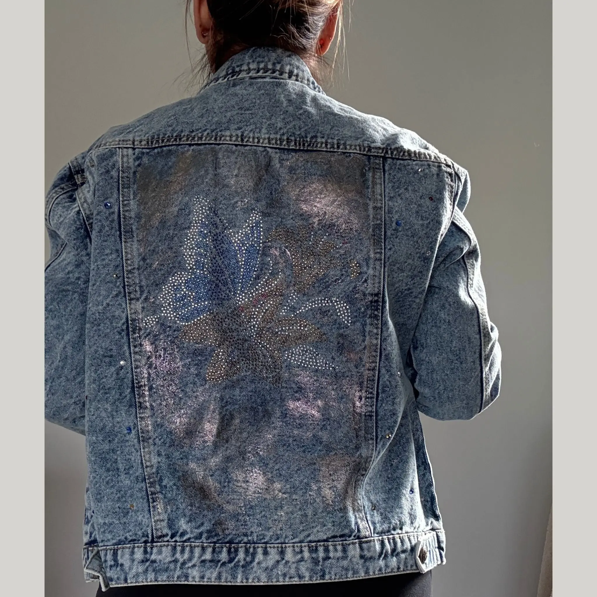 Crystal Butterfly & Floral Foil Embellished Denim Jacket