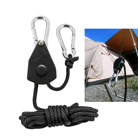 2m Heavy Duty Adjustable Ratchet Rope with Pulley, 1/8 Inch Lifting Rope Hanger for Tent, Outdoor Camping Hiking Climbing Accessories, Solocamping, Bikepacking, Glamping