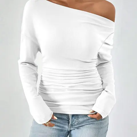 Women's Plain Ruched Asymmetrical Neck Drop Shoulder Tee, Casual Style Long Sleeve T-Shirt for Spring & Fall, Women's Top for Daily Wear