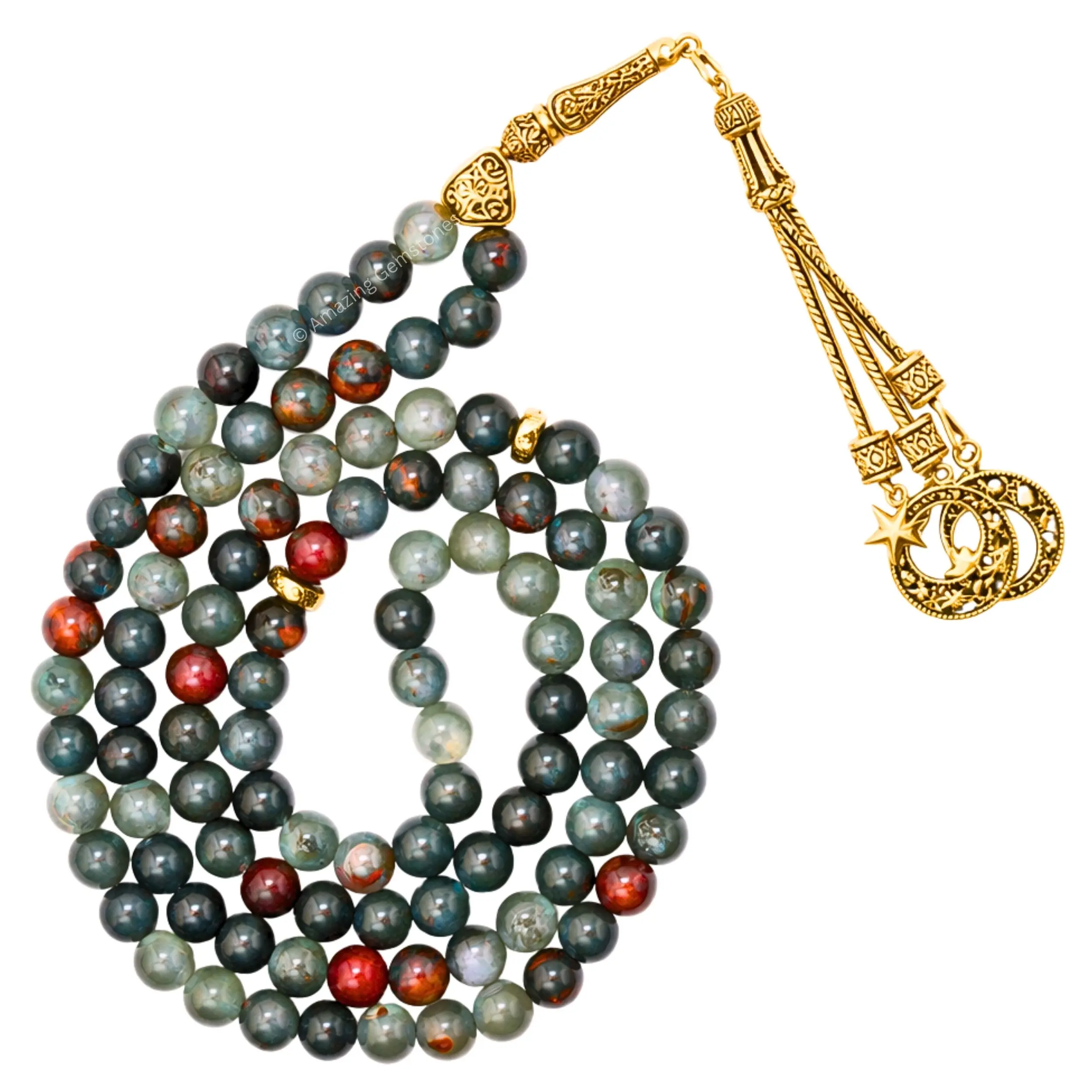 Amazing Gemstone Golden Moon & Star Charm Tasbeeh - Certified Natural Crystal Prayer Beads for Ramadan, Dhikr, Daily Namaz