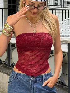 SAMPLEI Lace Patchwork Asymmetric Hem Sleeveless Strapless Crop Top