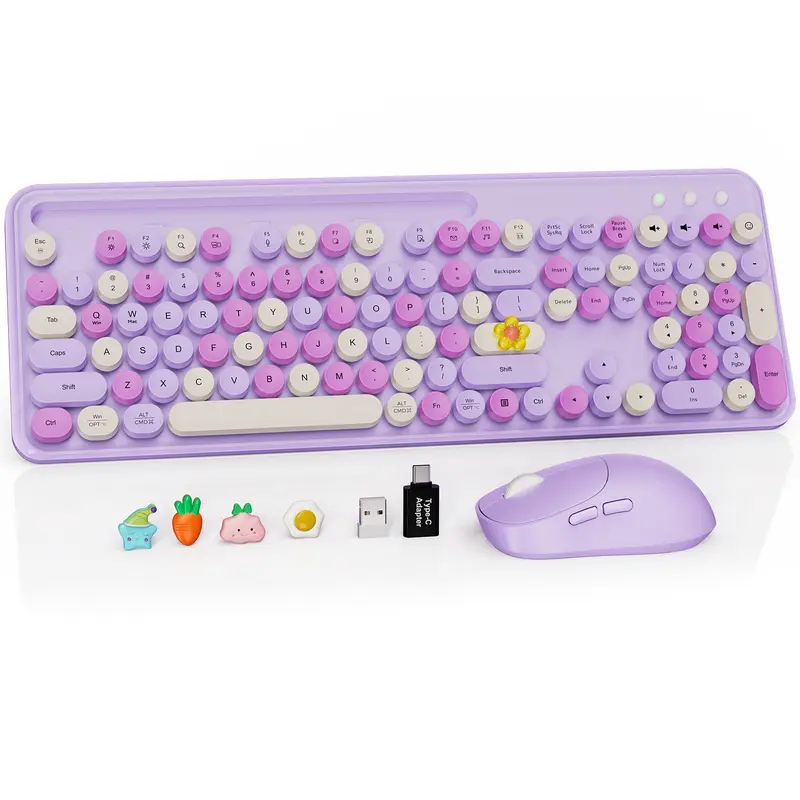 SABLUTE CK13 Cute Classic 2.4GHz Wireless USB Adapter Keyboard & Mouse Set - Retro Round Keycaps, DPI Control, Easy-Access Phone/Tablet Holder, Comfortable Typing, Classical Office Gadgets, Back-to-School Use