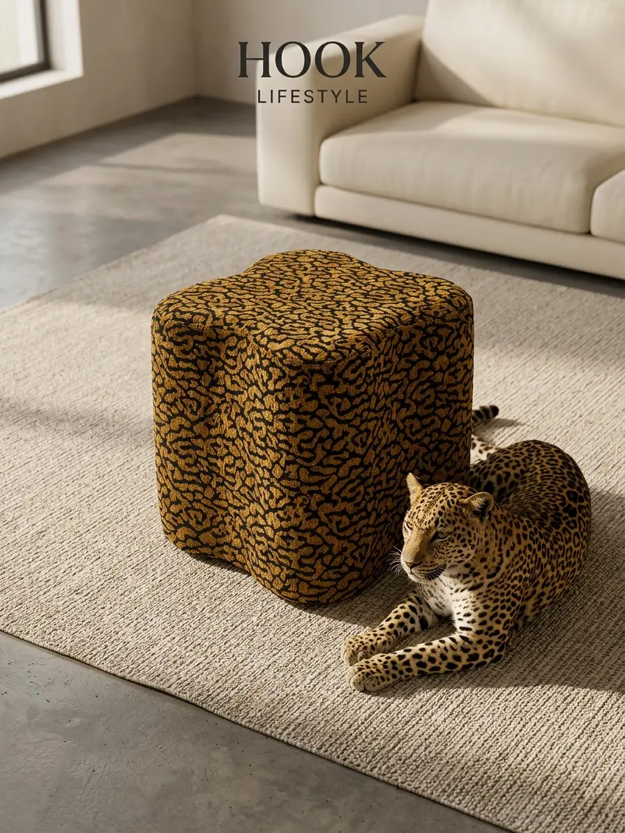 4-Leaf Clover Leopard Print Velvet Ottoman Stool - No Assembly Wave-Shape Footrest Vanity Stool with Solid Wooden Frame, 250LBS Weight Capacity Multi-Purpose Accent Seat for Living Room, Bedroom