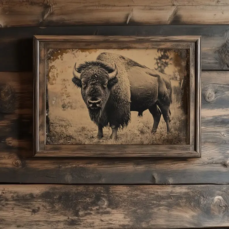 Vintage American Bison Tintype Paper Photo Print - 1-Piece Multi-Size Artistic Antique Western Wall Art, Rustic Charm Buffalo Home Wall Decoration for Display