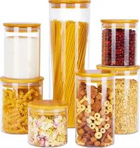 Glass Food Storage Jars, 7 Pack Kitchen Containers with Airtight Bamboo Wooden Lids for Pasta, Cookies, Nuts, Coffee Beans, Cereal, Canisters Set for Flour, Pantry Organization, BPA Free