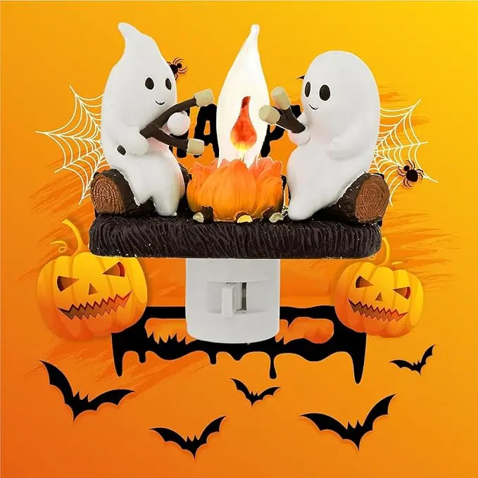 Ghosts Campfire Night Light, Wireless Led Plug in Wall Sconces Ficker Flame Figurine Lamps Halween Decorations Indoor for Family. Party. Room.Kitchen,halloween gift,birthday gift