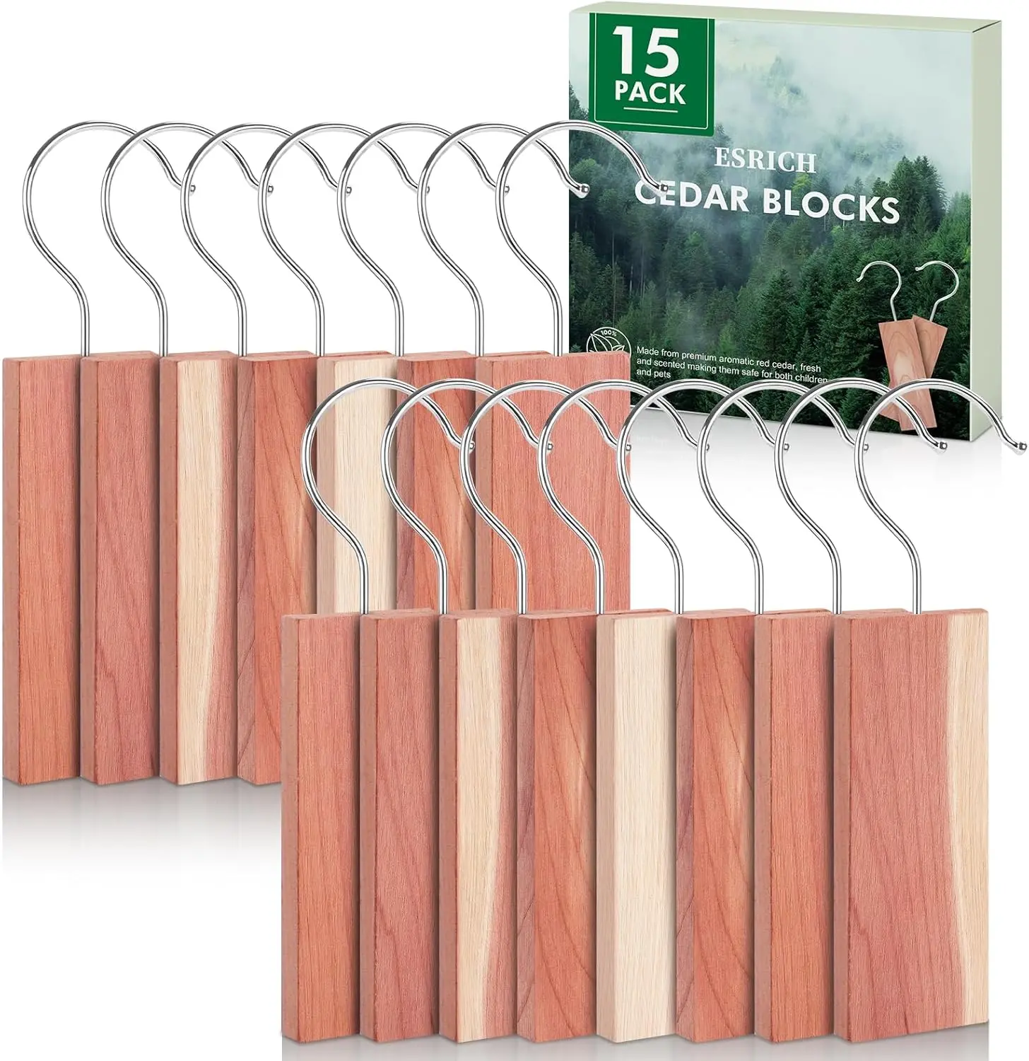 Cedar Blocks for Clothes Storage,15 Pack with Metal Hooks,100% Natura Cedars Wood for Closets,Cedars Planks with Sandpaper,Cedar Chips for Closets and Drawers