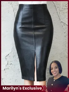 [XXX's Exclusive] Women's PU Leather Skirt with Split Design, Fit, Casual Chic Plain Pattern, Comfortable Half Skirt for Everyday Wear