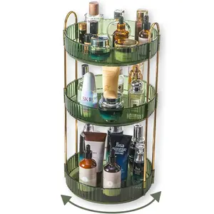 360° Rotating Makeup Carousel, Gold-Accent Cosmetic Organizer with Multi-Tier Trays for Perfumes, Skincare and Brushes, Vanity Countertop Display Beauty Organizer
