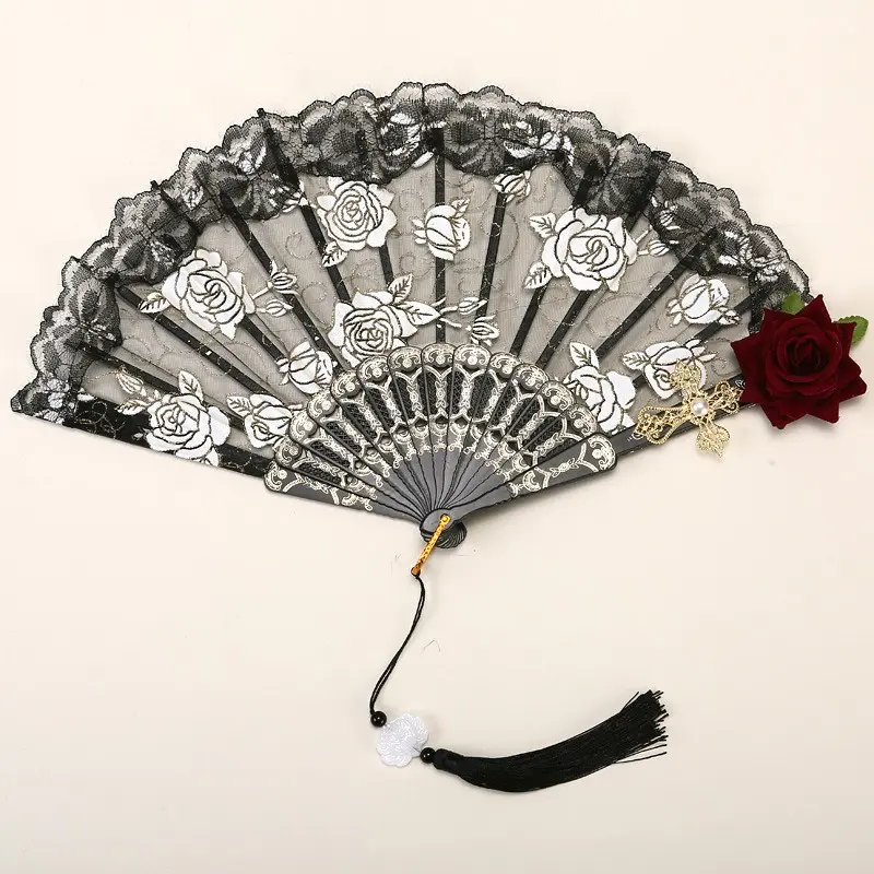 Vintage Spanish Folding Fan, Flamenco Hand Fan, Rose Lace Fan, Hand Fan, Women's Wedding Fan, Party Fan, Role Play Prop, Floral
