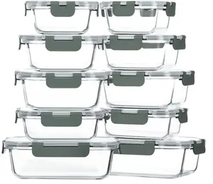 10-Pack Glass Food Storage Container with Lids | Airtight Glass Lunch Bento Boxes   Leak Proof Glass Meal Prep Container , Microwave, Oven, Freezer and Dishwasher Friendly