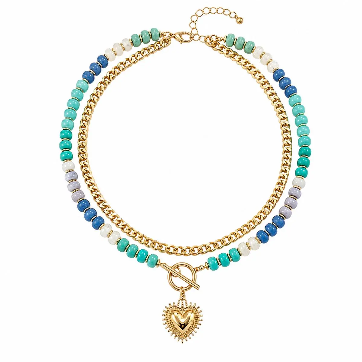 Women's retro double-layer colored bead necklace, unique layered necklace details heart-shaped pendant OT buckle, women's personalized jewelry gift