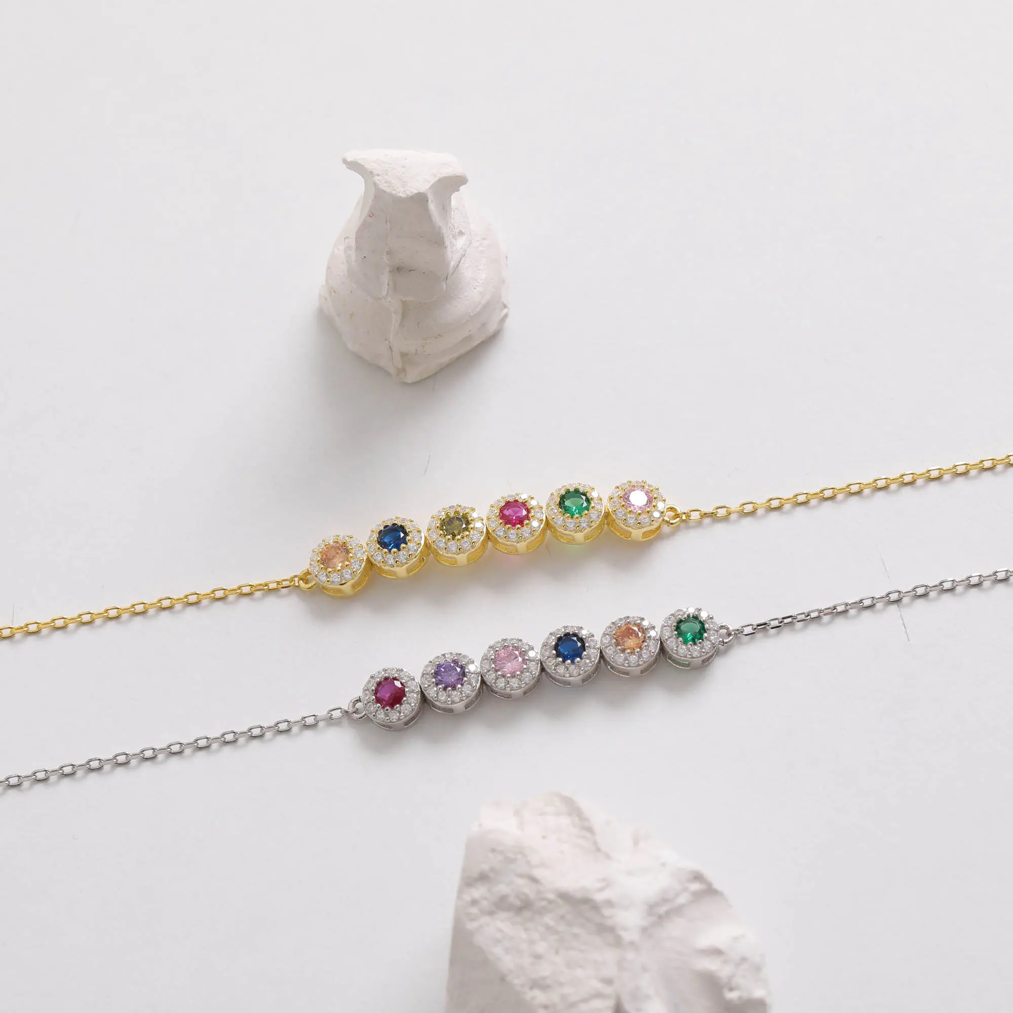 Personalized Gold Plated Birthstone Bracelet, Silver Minimalist Month Stone Jewelry, Family Keepsake for Mom, Zirconia Gift