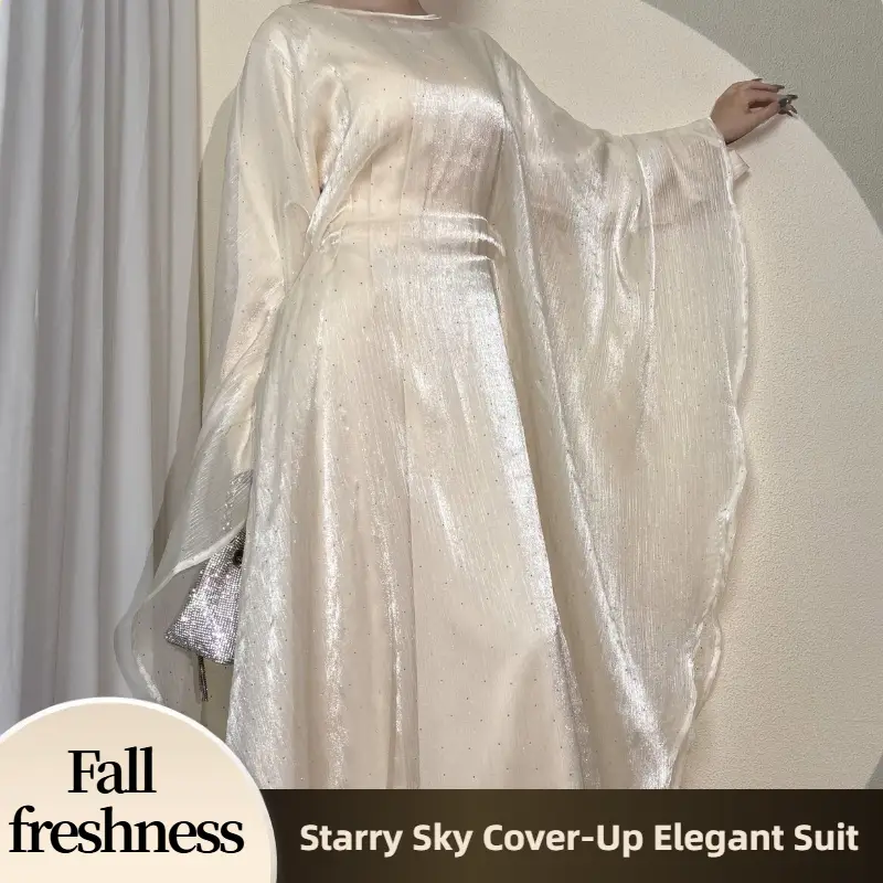 【FallFreshness】CL70 Luxurious Evening Dress with Curved Cuffs Rhinestone Inserts and Long Flowing Sleeves Formal Soft Women's Wear Elegance Shiny Crys