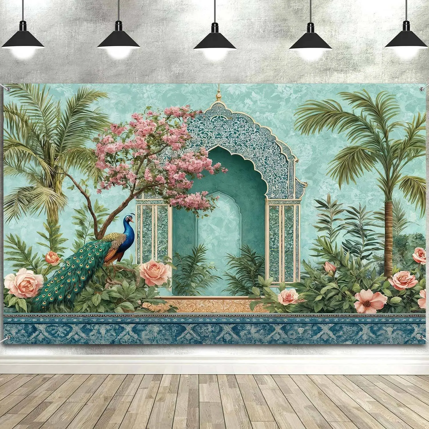 Traditional Pichwai Photo Backdrop Photography Background, Indian Vinayaka Chavithi Janmashtami Peacock Backdrops Photo Booth Prop Decorations Banner Balloons Wall Decor Tablecloth
