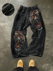 Men's Athleisure Casual Loose Cotton Pants, Graphic Tiger Print, Street Style, Drawstring Waist, Ankle Length, All Seasons, Ideal for Outdoor & Gifts