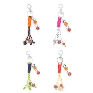 Hand-Woven Polyester Keychain - Casual Sports Style with Wooden Beads, for Football, Baseball Bag Pendants