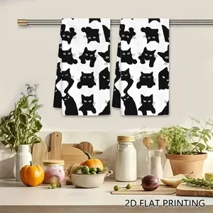2Pcs Black Cat Silhouettes Peeking Pattern Swedish Dishcloth, Fun Whimsical Animal Reusable Absorbent Kitchen Wipe, Cat Lover Decor